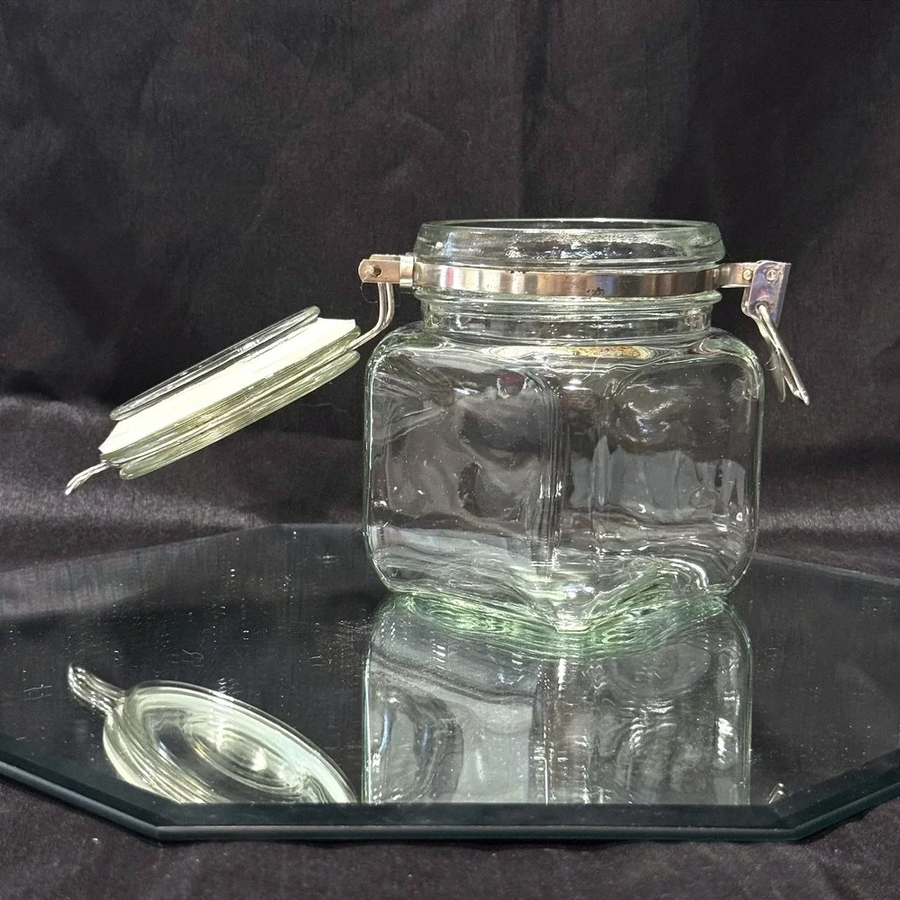 Vintage Italian Clear Square Airtight Glass Jar Wire Bale Clamp Lid Canister